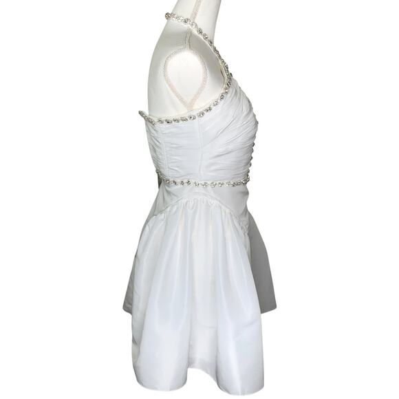 Self-Portrait White Taffeta Diamanté Embellished Trim Halter Neck Mini Dress - Picture 7 of 16